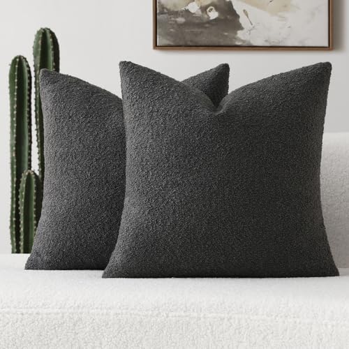 FUTEI Pack of 2 Boucle Textured Throw Pillow Covers 24x24 Inch, Dark Grey | Decorative Textured Neutral Pillow Covers, Machine Washable, Colorfast,Accent Solid Couch Throw Pillows Sofa Bed Living Room - color: Dark Grey, size: 24" x 24" (Pack of 2)
