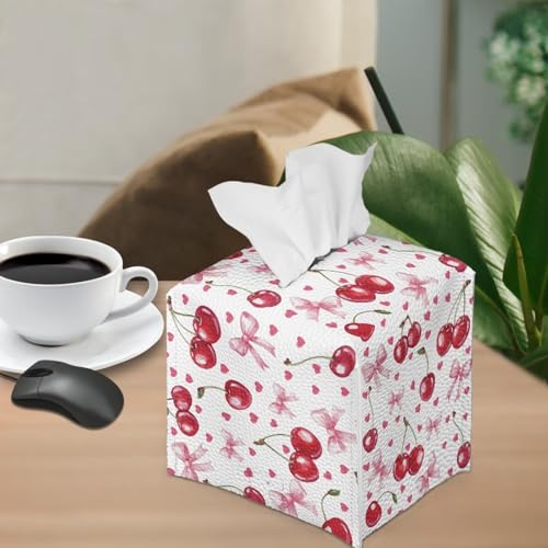 Cherry Heart Tissue Box Covers Leather PU Facial Paper Organizers Dispenser Foldable Square Facial Tissue Case for Tabletop Bathroom Night Stand - color: Cherry Heart