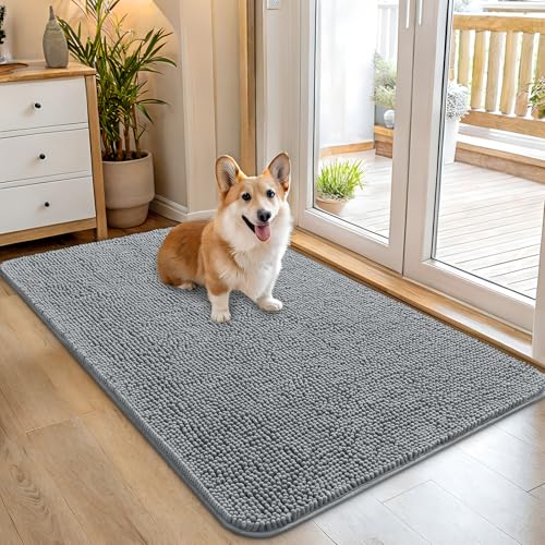 OLANLY Dog Door Mat for Muddy Paws 45x27, Super Absorbent Chenille Mud Mat | Grey, Absorbs Moisture and Dirt, Non-Slip Machine Washable Doormat, Quick-Drying Indoor Entryway Floor Carpet for Dogs - color: Grey, size: 45" X 27"