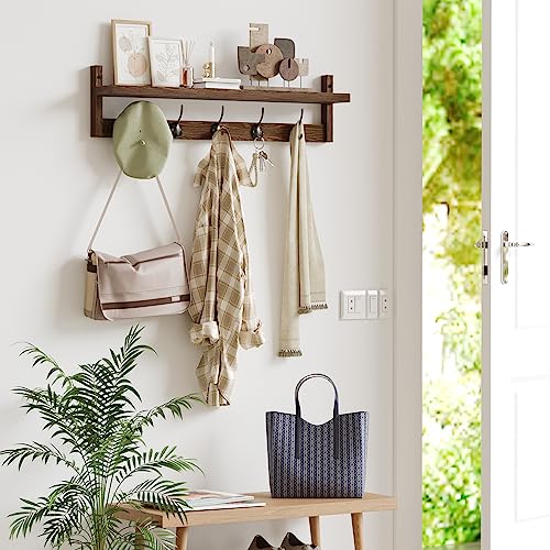 AMBIRD 28.9 Inch Length Shelf with Hooks Entryway Coat Rack Wall Mount Wood Coat Hooks with Shelf Wall-Mounted Coat Hook Rack with 5 Dual Hooks for Bathroom, Living Room, Bedroom (Brown) - size: 28.9inch, style: Retro Brown
