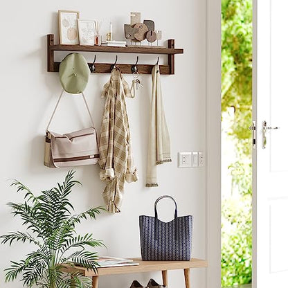 AMBIRD 28.9 Inch Length Shelf with Hooks Entryway Coat Rack Wall Mount Wood Coat Hooks with Shelf Wall-Mounted Coat Hook Rack with 5 Dual Hooks for Bathroom, Living Room, Bedroom (Brown) - size: 28.9inch, style: Retro Brown
