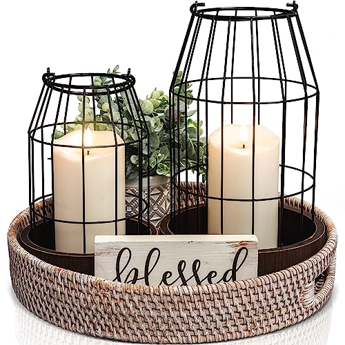 Rustic Farmhouse Lantern Decor Set of 2 - Stylish Decorative Lanterns for Your Living Room, Patio & Porch or Kitchen Dining Table - Modern Indoor/Outdoor Coffee Table Decor for Your Entire Home - color: Brown