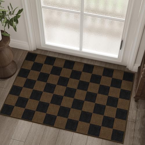 Easy Jute Checkered Entryway Rug, 2x3 Coffee Modern Indoor Outdoor Doormat, Washable Non-Slip Small Kitchen Rug Farmhouse Checkerboard Throw Rugs for Entrance Bedroom Bathroom - color: Coffee Checkered, size: 2' x 3' (Rectangular)