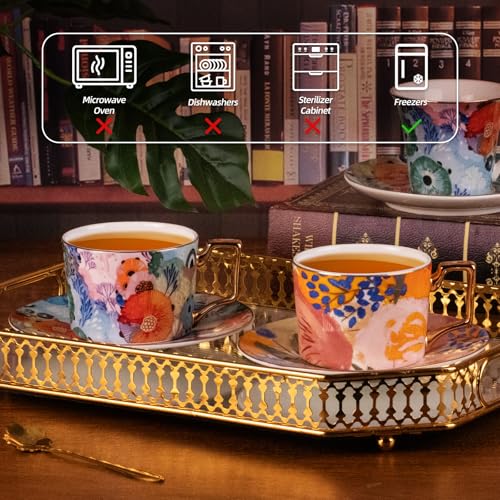 KAMMAK Tea Cups and Saucers Set of 2, Fine Bone China Coffee Cups, 569N | Stackable Espresso Mugs, Ceramic Demitasse for Coffee, Cappuccino, Latte, Americano, Tea - size: 7KPSP569N+570N