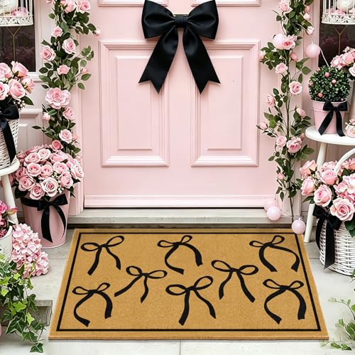 Coir Mats Welcome Mat Front Door Black Bow Rug for Outdoor Entrance 17"x30" - color: Coir Black Bowtie