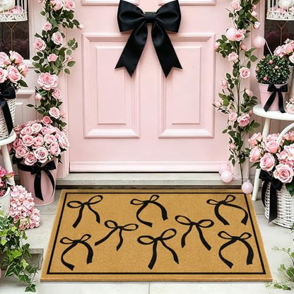 Coir Mats Welcome Mat Front Door Black Bow Rug for Outdoor Entrance 17"x30" - color: Coir Black Bowtie