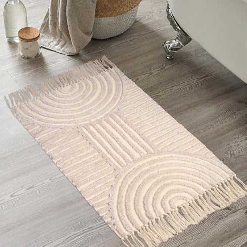 Boho Bathroom Rugs with Tassels 2'x3' Cute Bath Mat Beige Cotton Rug Fits Perfectly Into Your Bath Machine Washable Woven Rug, 24 x 36 inch - color: Rainbow Cream, size: Small(2'x3')