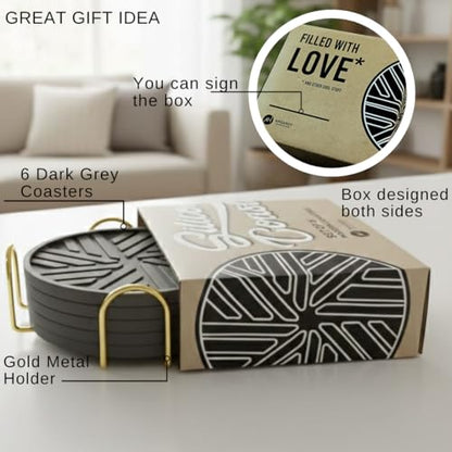 Silicone Coasters Set of 6, Groove Patterns & Gold Holder - Coffee Table and Kitchen Decor (Dark Grey) - color: Dark Grey