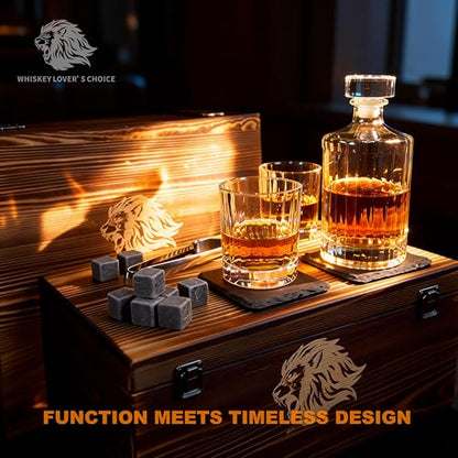 Whiskey Decanter Set 500ml(17oz), Lead-Free Crystal with 2 Glasses, Flat Panel for Custom Labels, Granite Chilling Stones, Slate Coasters, Premium Pine Gift Box, Compact Bar Kit for Bourbon Scotch
