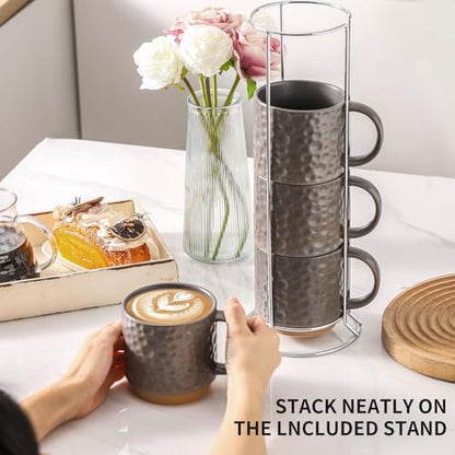 Nihow 16 Oz Ceramic Coffee Mug Set of 4 with Stackable Stand,Matte Gray | Stackable, Stainless Stand Included, Cappuccino & Tea, Hot/Cold Drinks, Dishwasher & Microwave Safe - color: Matte Gray, size: 16 oz With Stand