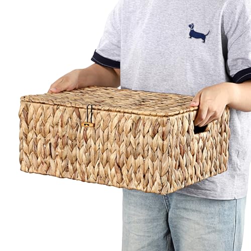 Water Hyacinth Storage Baskets Large Wicker Basket with Lid Woven Decorative Box for Shelf Pantry Laundry, Home Organizer, 17x13.2x7 Inch - size: 17"L x 13.2"W x 7H