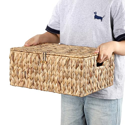 Water Hyacinth Storage Baskets Large Wicker Basket with Lid Woven Decorative Box for Shelf Pantry Laundry, Home Organizer, 17x13.2x7 Inch - size: 17"L x 13.2"W x 7H