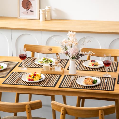 LOVECASA Placemats Set of 6, Bamboo Table Mats Set with Leaf Pattern, 18'' × 12'' Woven Placemat, Washable Heat-Resistant Place Mats for Kitchen, Black Leaf - color: Black