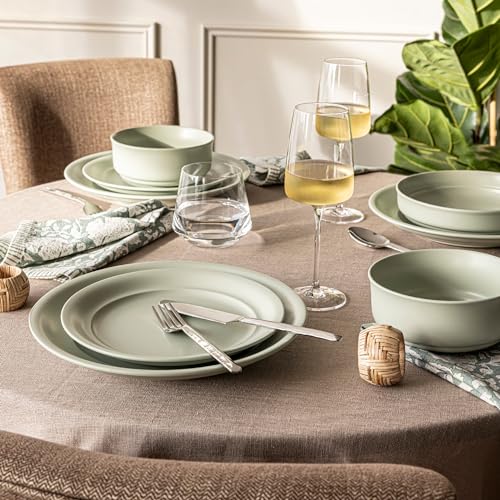 over&back Rim Dinnerware Set - Stoneware Dishes - Comes with 4 Dinner Plates, Salad Plates, Cereal Bowls, and Dinner Bowls - 16-Piece All-Occasion Place Settings - Serves Four - Semi-Matte Sage - color: Sage, size: Dinner Set | 16 Pieces