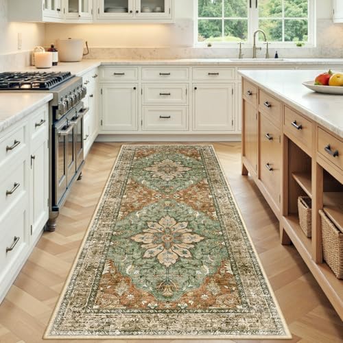 RELEANY Washable Area Rug, Runner 3'x8', Brick/Brown/Green | Non-Slip, Water Repellent, Pet Friendly, Easy to Clean, Vintage Floral Boho Decor for Kitchen Hallway Bedroom Laundry - color: Brick/Brown/Green, size: 3' X 8' (Runner)