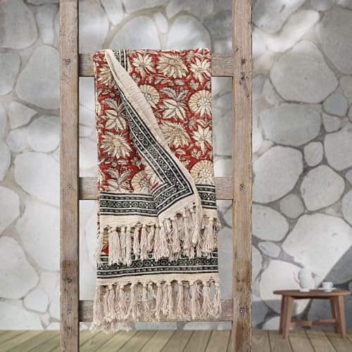 Trade Star Decorative Premium Designer Cotton Throw Cozy Blanket 100% Cotton Throw Blanket with Tassels for Room Decor with Beautiful Syahi-Begar Block Printing 50x70 Inches (Throw Blanket 7) - color: Throw Blanket 7