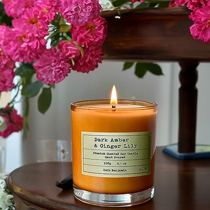 100% Natural Soy Wax Candle by CoCo Benjamin - Highly Scented & Hand-Poured Luxury Candle (Dark Amber & Ginger Lily)- Clean Burning Cotton Wick - style: Dark Amber & Ginger Lily (Cotton Wick)