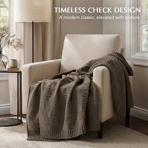 EVERGRACEHOME Modern Checkered Chenille Throw Blanket, 50x60, Mocha Brown | Lightweight Warmth, All-Season Breathability, OEKO-TEX certified, Timeless Grid Pattern, Farmhouse Throw for Couch, Bed, Sofa - color: Mocha Brown, size: 50" X 60"