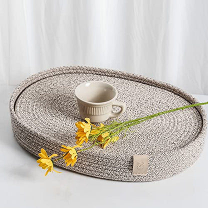 Oval Cotton Rope Placemats Set of 6 with Holder, Warm Taupe | 16 x 12 inch, machine washable, beige & deep brown woven blend, everyday heat protection - color: Taupe Mix, size: 16*12