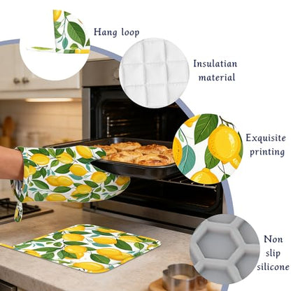 Yellow Lemon Pot Holders and Oven Mitts Set Silicone Tropical Summer Fruit Kitchen Gloves Potholders Heat Resistant Washable,Chef Cooking Baking Gifts for Women Men Bakers Lover Cooks - color: Yellow Lemon,tropical Summer Fruit