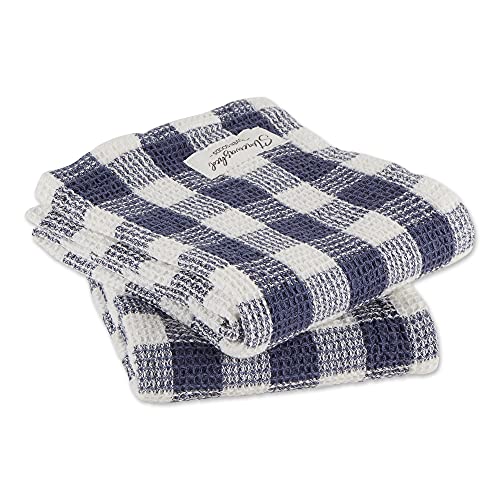 DII Washed Waffle Weave Collection, Dishtowel Set, 18x28, Denim Check, 2 Piece - color: Denim Check