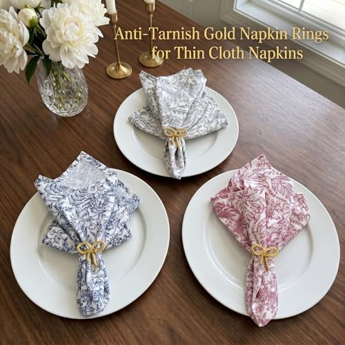 Gold Bow Napkin Rings Set of 4, Shiny Bow Style Holders | Classic bowknot design with polished gold finish adds elegance to Christmas, Thanksgiving, holidays and dinner parties.
