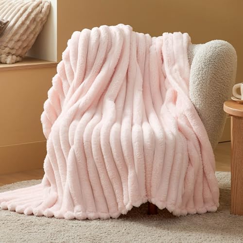 Bedsure Pink Throw Comfort Blanket for Bed - 350GSM Super GentleSoft Fluffy Fuzzy Cozy Plush Blankets for Women Mom, Cute Small Fleece Throws for Girls, 50x60 Inches, Wider Striped Design - color: 02 - Crystal Pink, size: Throw (50" X 60")