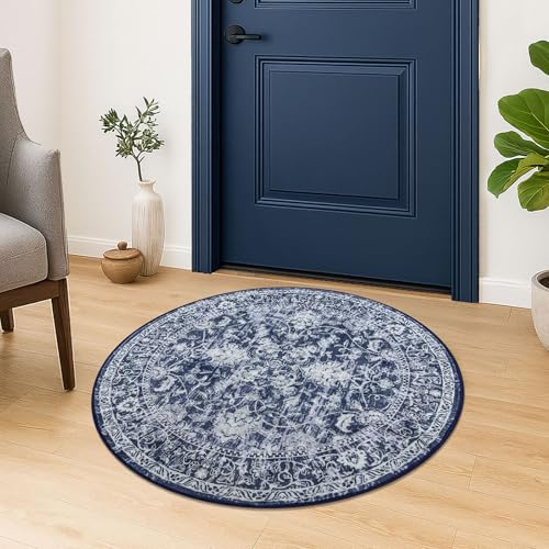 KILOCOCO Round Rug 3ft Washable Entryway Mat Non Slip Front Door Rug, Blue | Vintage Floral Small Circle Rug, Low-Pile Kitchen Rugs, Soft Small Rugs for Laundry Room, Rubber Backed Indoor Entry Rug - color: Blue/Navy/White, size: 3' (Round)