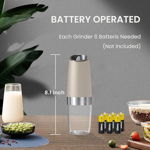 Battery Operated Salt And Pepper Grinder Set 2 Pack (Khaki) | Gravity-Activated Automatic Grinder With Led Light & Adjustable Coarseness, Each Uses 6 Aaa Batteries,Kitchen Daily Seasoning - color: Battery/2pcs/Khaki