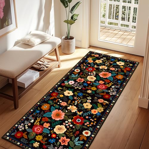 Floral Washable 2x8 Area Rugs Runner Entryway Hallway Black | Flower Carpet, Print, Boho, Non-Slip, Easy to Clean, Low Pile, Soft, for Living Room Bedroom Kitchen Office Entrance - color: Black, size: 2' x 8' (Runner)