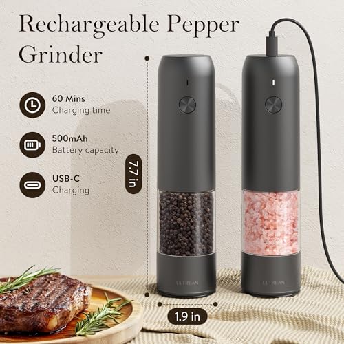 Ultrean Salt and Pepper Grinder Set, Rechargeable Salt and Pepper Shakers, 6 Adjustable Coarseness, LED Light, Kitchen Gadget & Housewarming Gift, Cooking Gifts for Men, Stainless Steel - color: Starry Gray