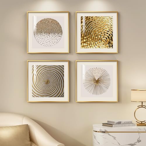 Framed Gold Modern Wall Art Prints, Set of 4 Piece Abstract Geometric White and Gold Wall Decor, Minimalist Contemporary Glam Square Wall Art for Dining Room Bedroom Office, 12x12 Inch - color: Gold & White