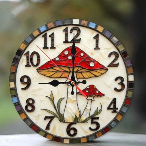 Vintage Red Mushroom Wall Clock Decor10-Inch Wooden Wall Clock, Silent Movement, Artistic Home Decor - color: Red Mushroom, size: 10x10inch(25x25cm)