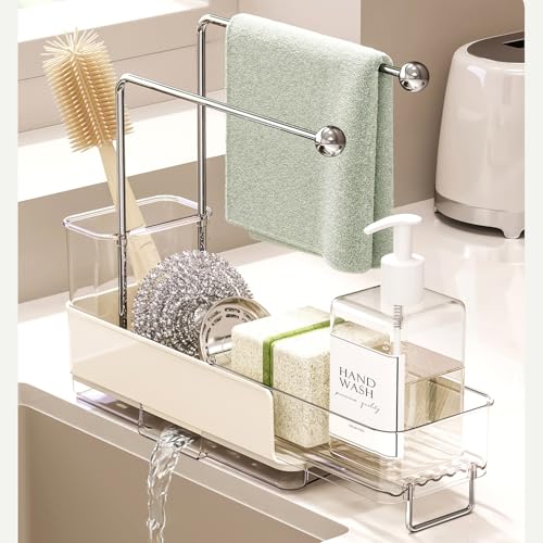 Expandable Kitchen Sink Caddy 25-38cm, 360° Rotating Sponge Holder & Brush | White, large, stretchable 25-38cm. Side brush holder, triple drainage, rust-proof.Ideal for sponge & kitchen sink accessories - color: White