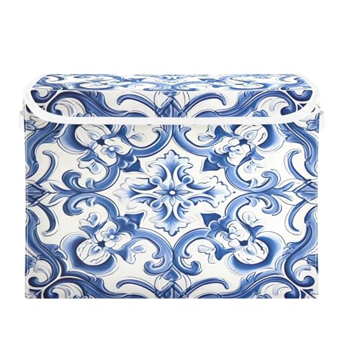 Blue Vintage Tiles Storage Basket with Lid Collapsible Storage Bin Fabric Box Closet Organizer for Home Bedroom Office 1 Pack