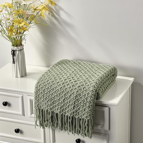 CREVENT Farmhouse Boho Knitted Throw Blanket for Couch Sofa Chair Bed Home Decoration, Soft Warm Cozy Light Weight for Spring Summer Fall (60''X80'' Sage Green) - color: Sage Green, size: 60inchx80inch