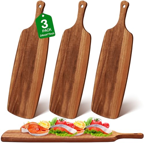 Kathfly 3 Pcs Acacia Wood Cutting Board with Handle Wooden Laser Kitchen Serving Charcuterie Board for Vegetables Meat Pizza Cheese Fruit Bread(24 x 7 Inch) - size: 24 x 7 Inch