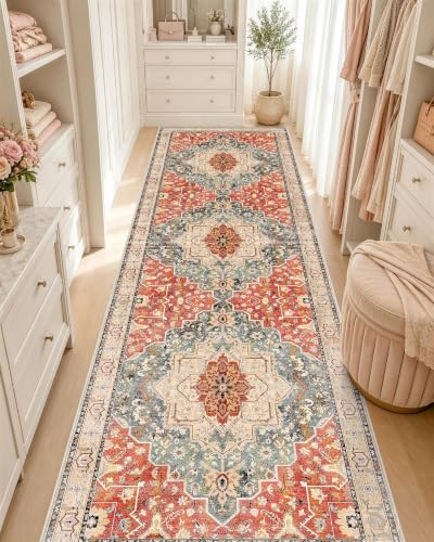OLANLY 2x7 Washable Runner Rug, Soft Non Slip Carpet for Hallway Kitchen | Brick Red Boho Vintage Floral Medallion Farmhouse Rug, Spill & Stain Resistant Low Pile, for Entryway Laundry Office Bedroom - color: Brick Red, size: 2' x 7' (Runner)