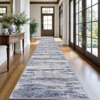KOZYFLY Modern Abstract Washable Long Rug Runner 2.6x20 Hallway Rug Runner Non-Slip Soft Stair Runners, Grey-Blue Striped 20 feet Runner Rug for Kitchen Entryway Bathroom Laundry Room Foyer - color: Blue-grey, size: 2'8" x 20' (Runner)