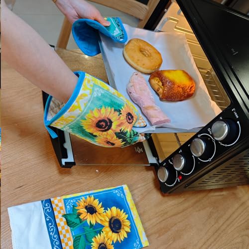 PXIYOU Oven Mitts and Pot Holders 6pcs Set, Sunflower 2 Dish Towels 2 Farmhouse Cooking Mittens Oven Glove 2 Potholder Heat Resistant BBQ Gloves for Kitchen Baking Cooking Grilling Microwave