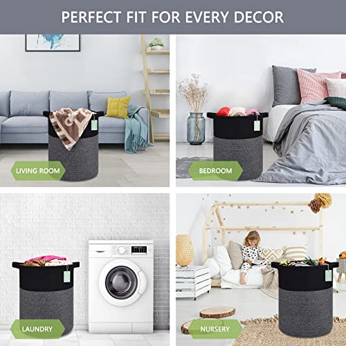 Cotton Rope Blanket Basket, 72L Tall Laundry Hamper, Black & Gray | 16"x 22", Large Collapsible Woven Nursery Hamper with Sturdy Handles for Clothes Toys Towels, Bedroom Living Room Bathroom - color: Black & Gray, size: 72L (16"x22")