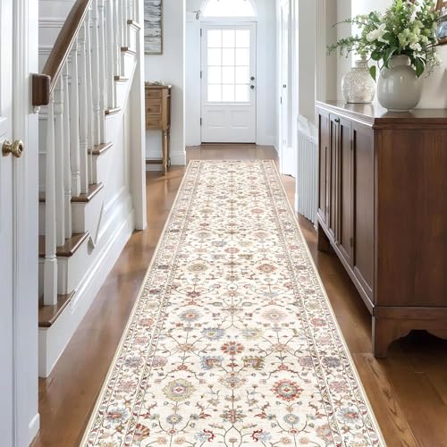 LUXRUG Runner Rugs for Hallway 2.5x10ft - Long Non-Slip Cream Colorful | Washable Boho Runner Rug Soft Vintage Bohemian Traditional Floral Carpet for Kitchen Living Room Entryway Bedroom Foyer - color: Cream Multi, size: 2'6" x 10' (Rectangular)