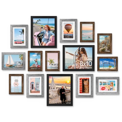 decorUhome 15 Pack Assorted Picture Frame Set for Wall & Tabletop, PF15MTA | Black / Brown / Grey, Includes Three 8x10 / Six 5x7 / Six 4x6 Multi Size, MDF Frame with Plexiglass Cover - color: Black, Brown and Grey