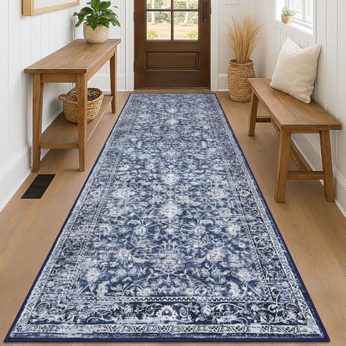 KILOCOCO Hallway Runner 3x8 ft Washable Runner Non-Slip Kitchen Rug, Blue | Printed Hallway Runners Rug, Non Skid Kitchen Runner Rug, Low Pile Entryway Runner, Floral Runners for Bedroom Living Room - color: Blue/Navy/White, size: 3' x 8' (Runner)