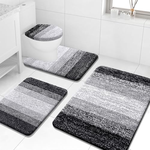 Arotive Microfiber Bathroom Rugs Sets 4 Piece, 24x16+36x24+24x20+17.5x15 | Black, Soft Absorbent Bath Mats, Machine Wash Dry U-Shaped Contour Rug and Toilet Lid Cover for Bathroom - color: Black, size: 36" X 24" + 24" X 16" + 24" X 20" + 17.5" X 15"