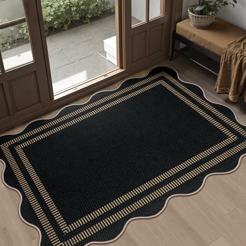 Scalloped Easy Jute Black Rug, 2.6x4 Front Door Washable Door Mat Non Slip Small Kitchen Area Rug, Farmhouse Low Pile Floor Rugs for Entryway Porch Doorway - color: Black Geometric-2, size: 2.6'x4' (Rectangular)