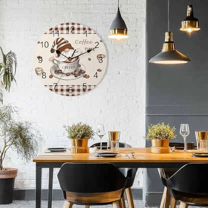 Silent PVC Wall Clock 10 Inch Round Wall Clock Gnomes Coffee Time Brown Plaid Hanging Clock for Kitchen Non Ticking Battery Operated Living Room Mute Clock - color: Coffeecbt3650, size: 10x10inch(25x25cm)