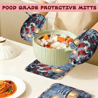 Christmas Berries Heat-Resistant Silicone Oven Mitts and Pot Holder 4 Piece Set,Cardinal Non-Slip Kitchen Oven Gloves for Baking, BBQ, Cooking,Grilling - color: Christmas Berries Cardinal