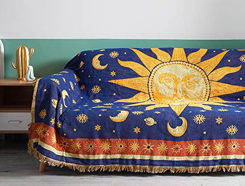 Erke Sun Blanket Hippy Celestial Couch Sheet Cover Wicca Home Decor 70"x90" | Sun Moon Witchy Hippie Decoration, Double Sided Cotton Woven 90s’ Throws Blankets for Couch Bed - size: 70" x 90"