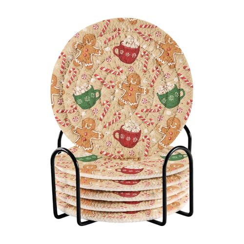 Caikeny 6 Pcs Drink Coasters with Metal Holder Christmas Gingerbread Man Absorbent Coasters Snowflakes Decorative Woven Coaster Set for Coffee Table - color: Multi 10k1.24
